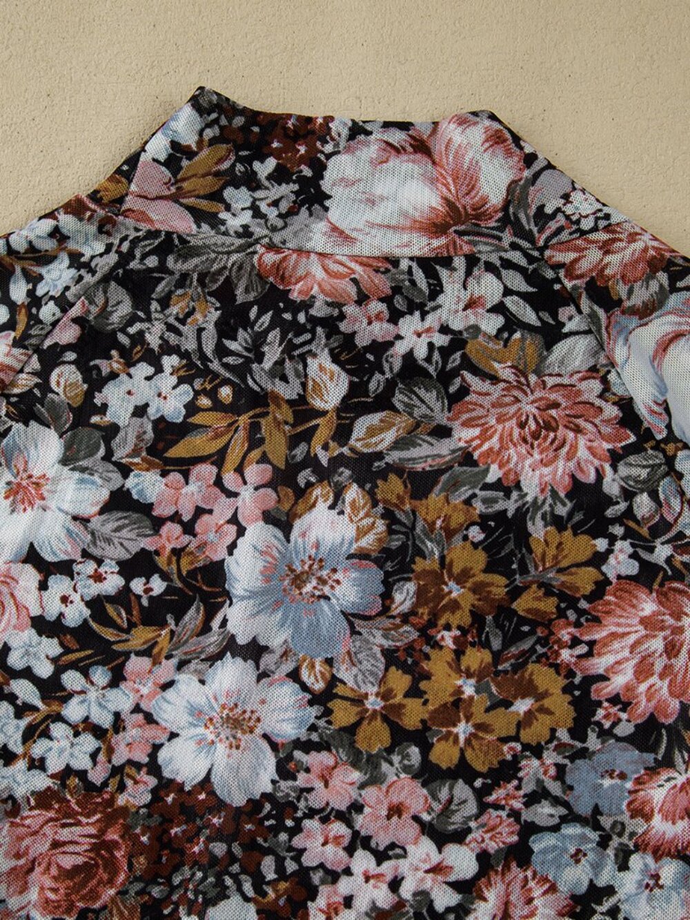 Brown Floral Long Sleeve High Neck Sheath Mesh Blouse - Picture 5 of 9